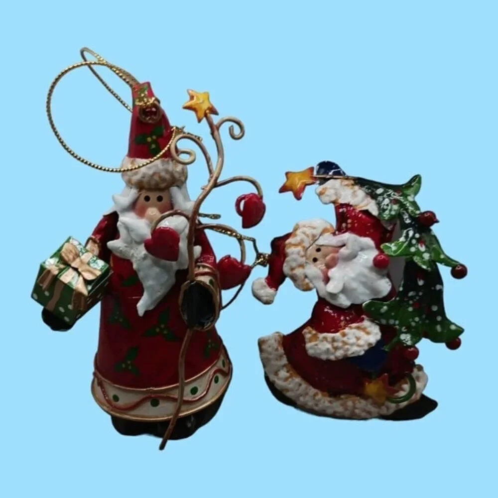 Vintage santa & snowman tin metal christmas ornaments